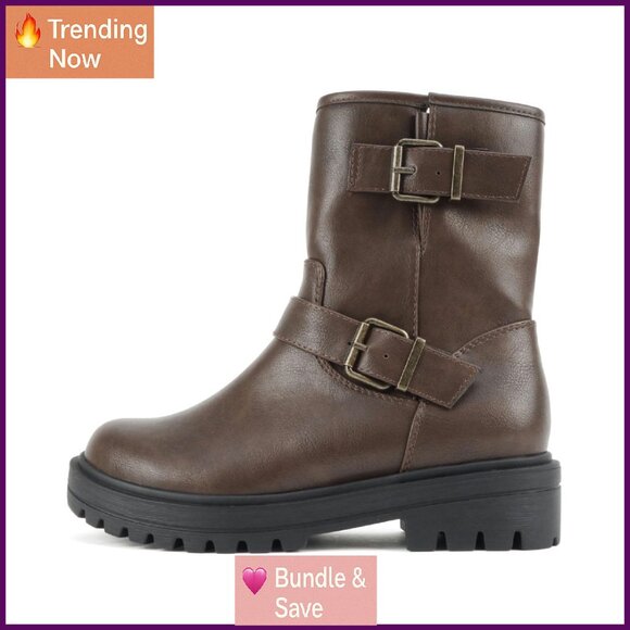 Women's Moto Booties Buckle Straps Block Heel Lug Sole Mid-Calf